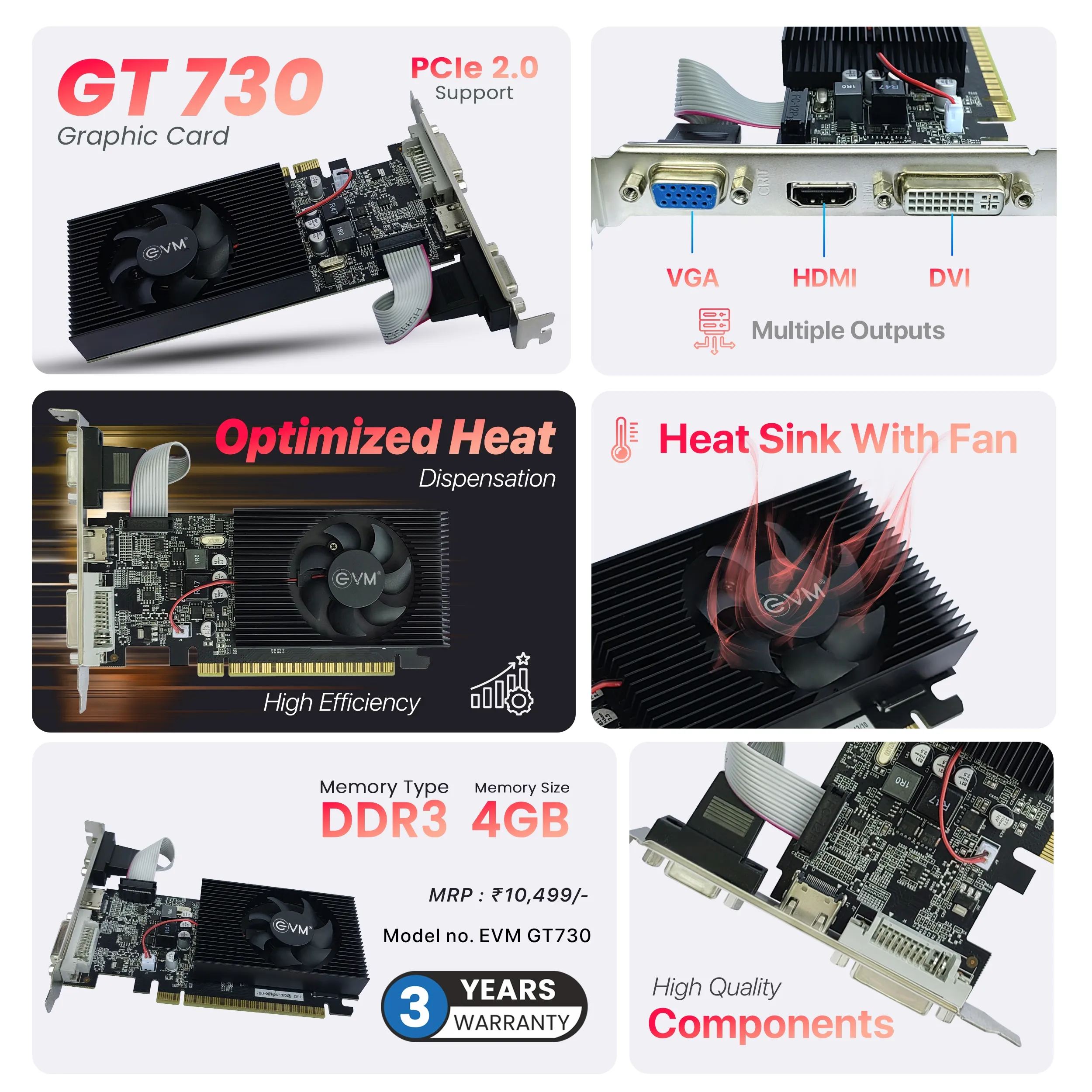 EVM Nvidia Graphic Card GT730 4GB DDR3 With HDMI, DVI, VGA Port view 5